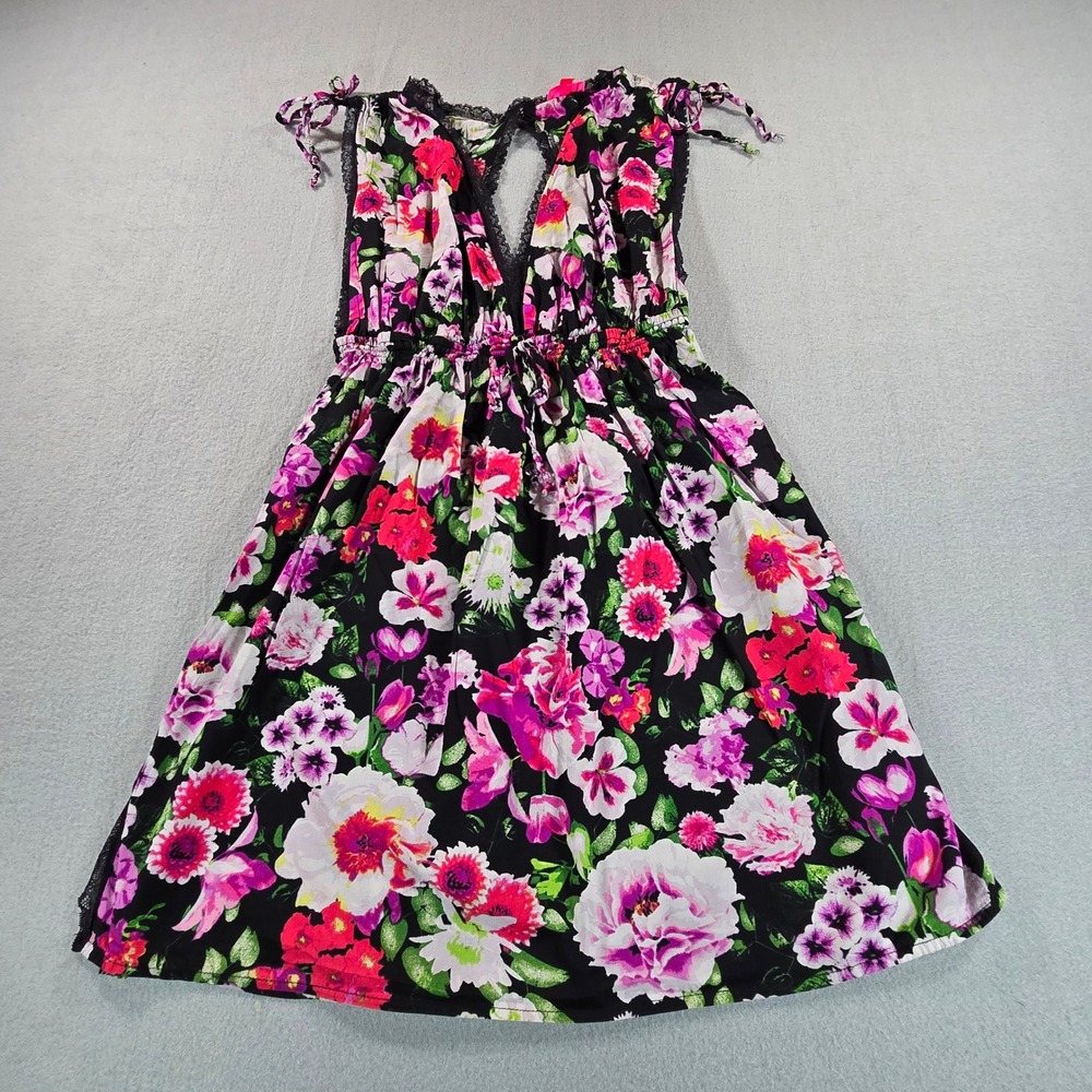 Betsey Johnson Floral Babydoll Dress Womens L Black Pink Lace Trim Open Back - Picture 2 of 7